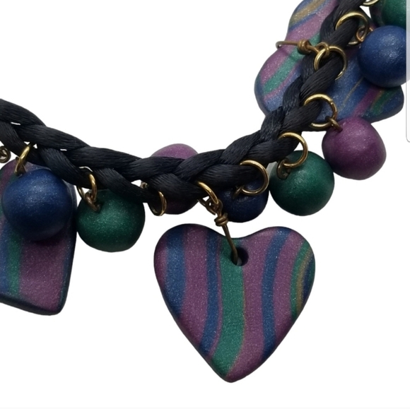 VINTAGE CLAY HEART PENDANTS & BEADS CORD STYLE NECKLACE - Picture 4 of 6